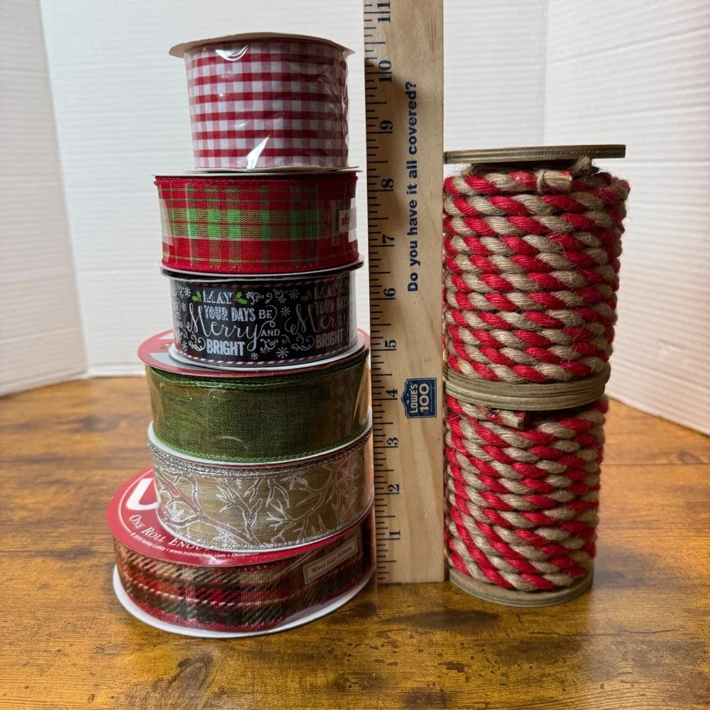 Christmas Ribbon 8 Spools‎ Twine Plaid Gingham Snowflakes Holiday Gift Wrap NEW